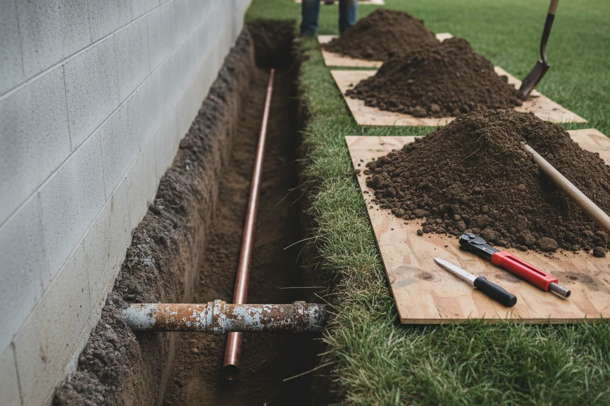 Excavated water line trench during Water Softener Installation in Lake Odessa